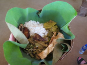 Frokosttallerken af palmeblade med fyld. Landsbybesøg ved Sigiriya